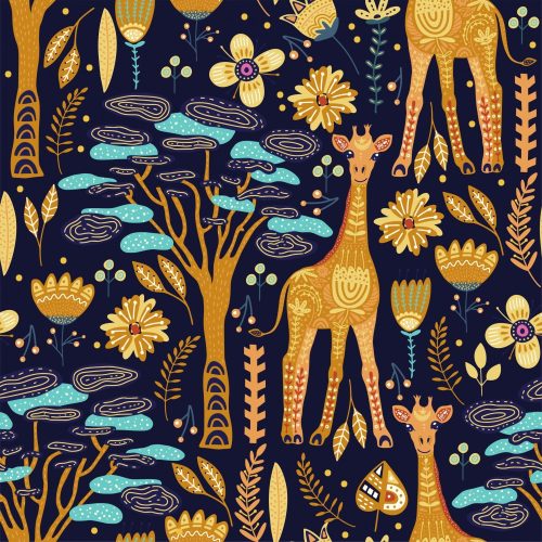 Giraffes and flowers on navy
